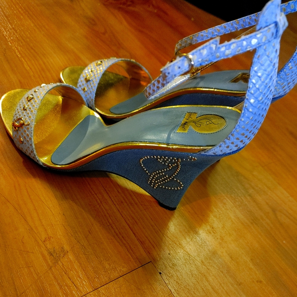Baby Phat Blue and Gold Wedge Sandals